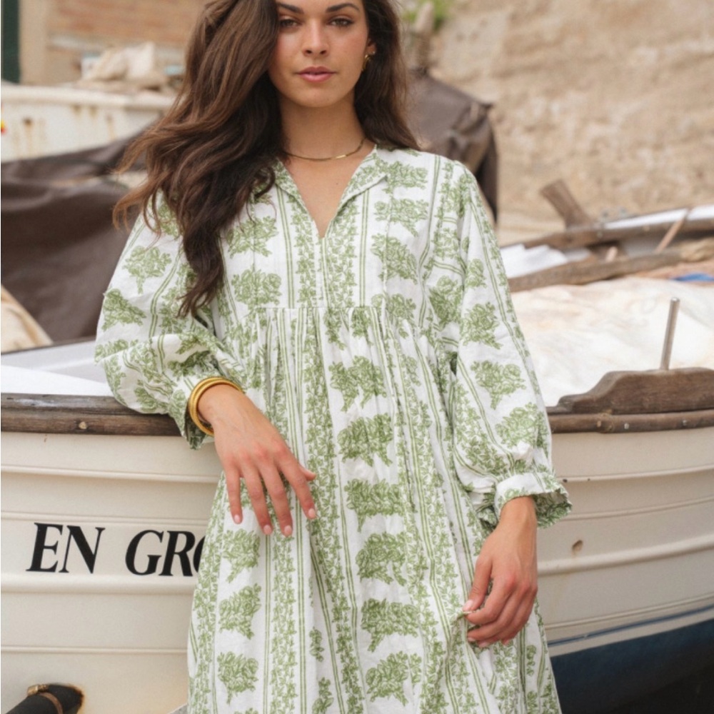 Green and White Floral Boho Maxi Dress
